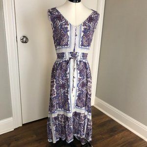 XS Lucky Brand - White dress, purple +  blue, waist tie with buttons sleeveless